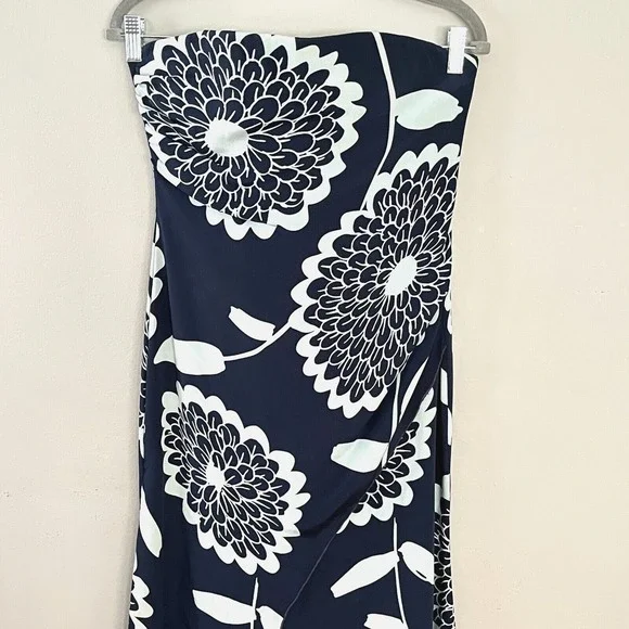 Vtg. Randolph Duke Dress Silk Strapless Maxi Faux Wrap Navy Floral XS Asymmetric